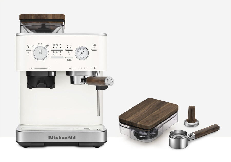 cafetera espresso semiautomática con molinillo y kit de accesorios de madera de nogal.