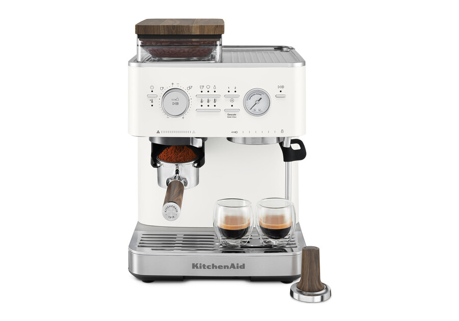 cafetera espresso semiautomática con molinillo y kit de accesorios de madera de nogal.